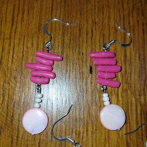 Pink mother of pearl disks faux coral 925 plated earwires